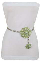 Silver Metal Chain Links Hip High Waist Fashion Belt Green Flower Fit Size XS S M